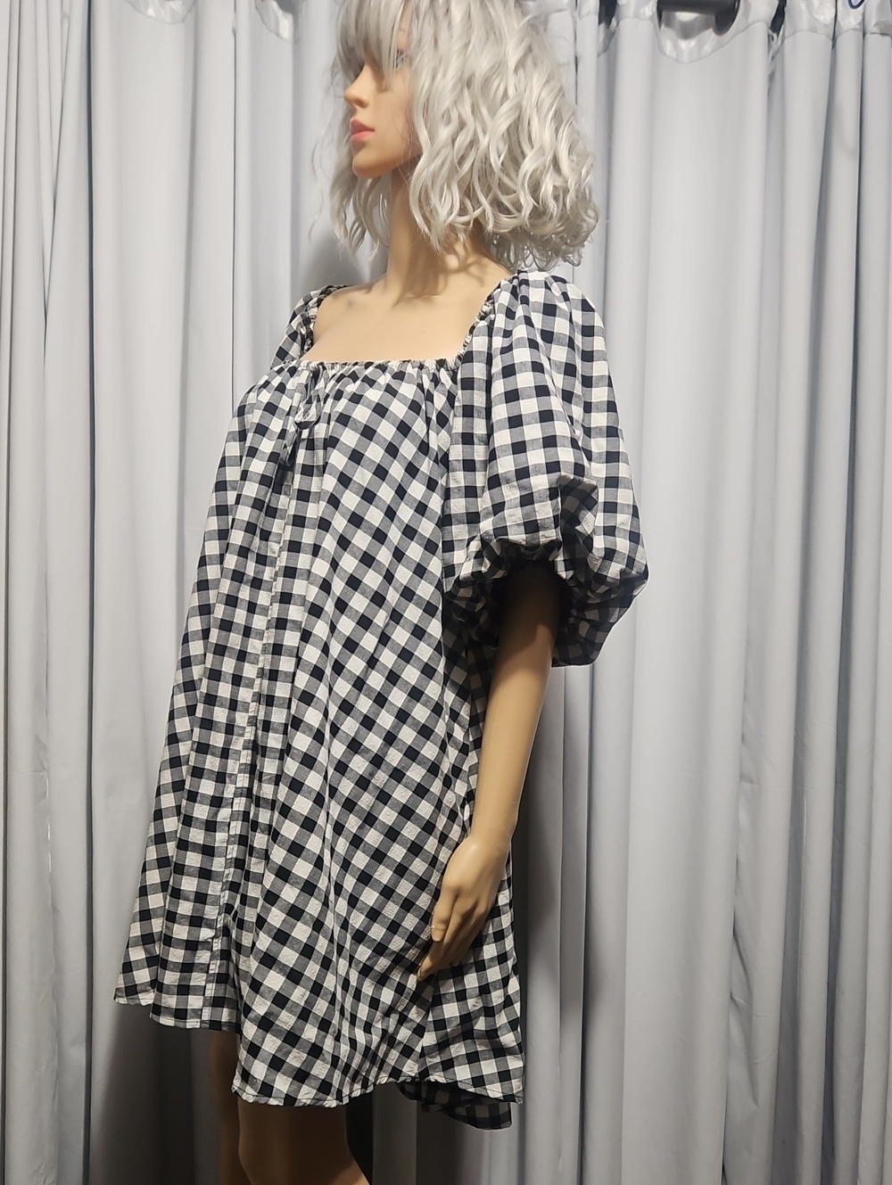 ZOCO Black & White Gingham Puff Sleeve Babydoll Mini Dress With Pockets!